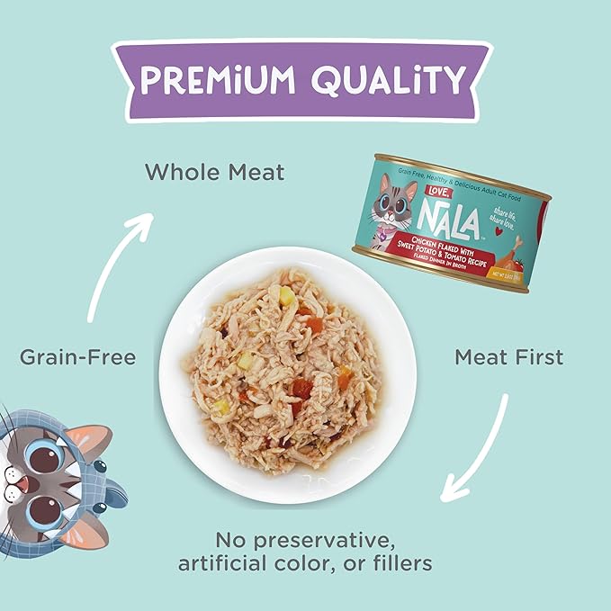 LOVE, NALA - Chicken Flaked with Sweet Potato & Tomato in Broth - 24 Pack, 4.8 lbs - Natural Adult Cat Wet Food Flaked -Grain Free, Non-GMO, Lean Protein, Added Minerals & Vitamins