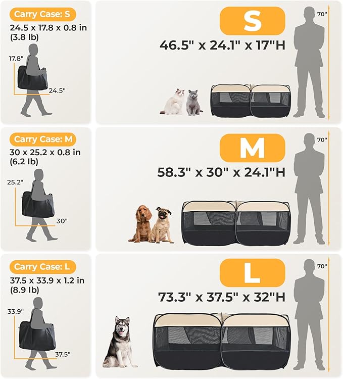 2-in-1 Pop Up Cat Playpen, Detachable into 2 Separate Pens with Additional Doors, Assembly-Free Portable Dog Crates Pet Pen Tent Kennel Kitten Puppy Enclosure Cage Indoor Outdoor Foldable Condo(M)