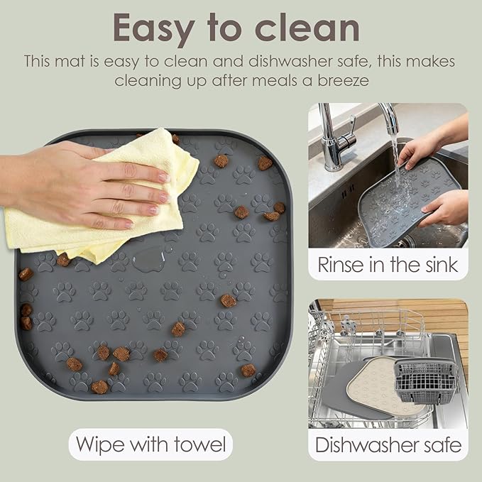 2 Pack Pet Feeding Mats, Waterproof Anti-Slip Placemats for Dog Cat Bowl Silicone Pet Food Mat, Raised Edge Prevent Spills on Floor & Carpet, Dishwasher Safe (2 Beige, 11" x 11")