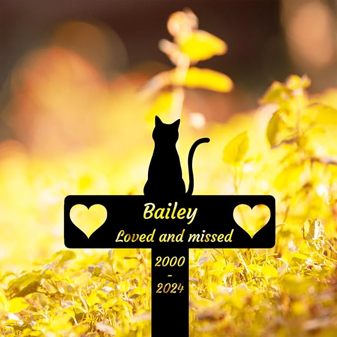 Personalized Custom Cat Memorial Garden Stake Grave Marker for Pet, Metal Animal Silhouette Outdoor Cat Remembrance Cross Stake with Hearts