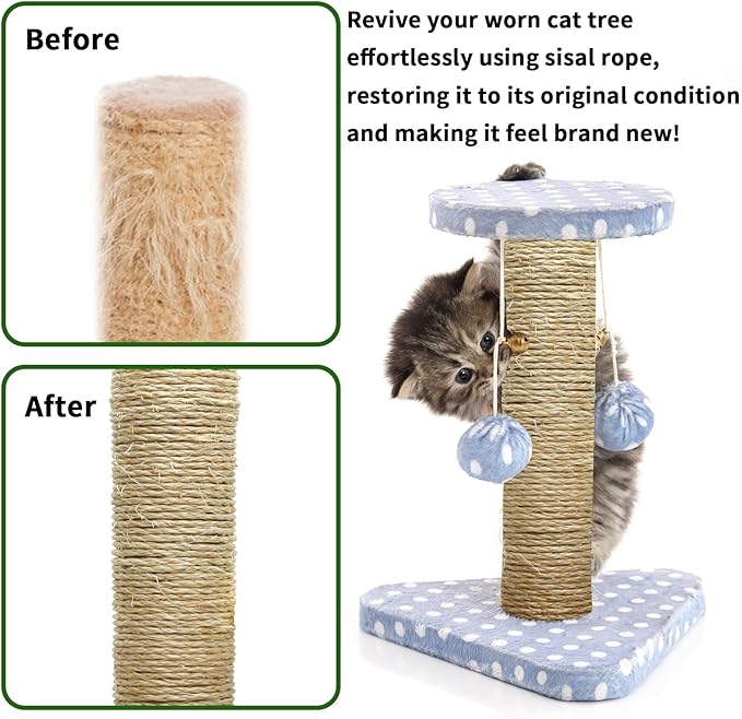 4mm Natural Sisal Rope - 164-Ft, Cat Scratcher Repair & DIY Cat Tree, Wide Application, Length Choices