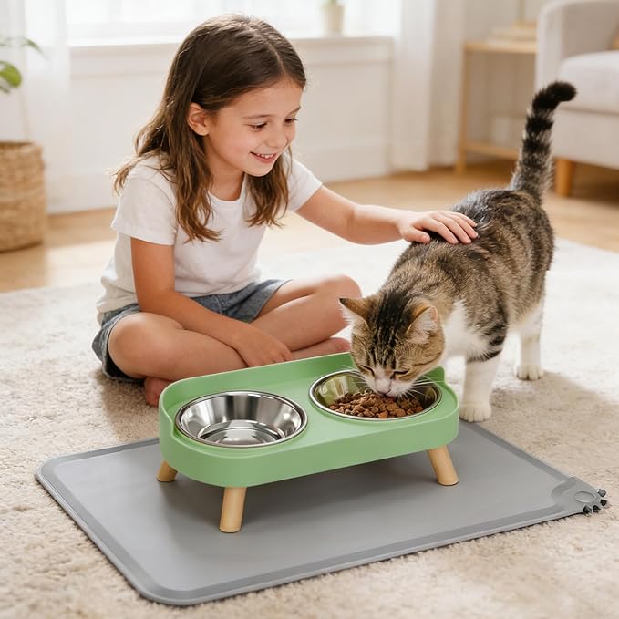 Elevated Cat Bowls with Food Mat, Splash Proof Anti Vomiting Raised Cat Food and Water Bowl Set, 2 Stainless Steel Dishes for Cats and Puppy, Pet Bowl for Indoor Cats Green