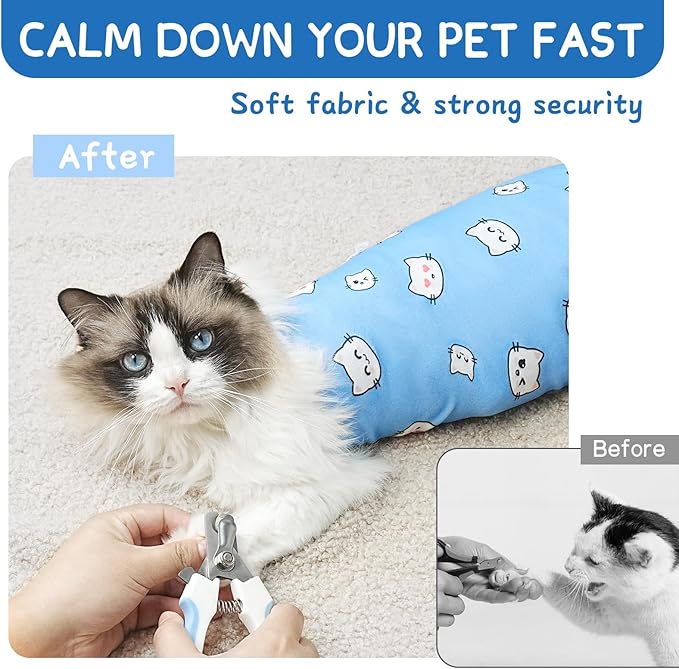 Cat Wrap for Cutting Nails, Self-Adhesive for Grooming, Anti-Scratch Cat Swaddle Wrap for Medicine, Nail Clipping, Teeth Brushing, Ear Cleaning