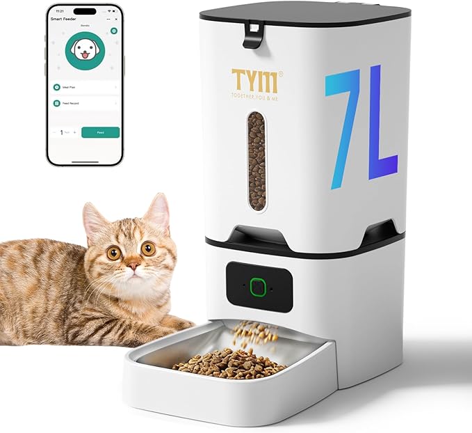 TYM Automatic Cat Feeder, 7L Timed Dry Food Dispenser, APP Control Auto Feeder for Cats and Dogs, Programmable Portion Size, Large Capacity Cat Feeder Automatic (WiFi is Not Required)