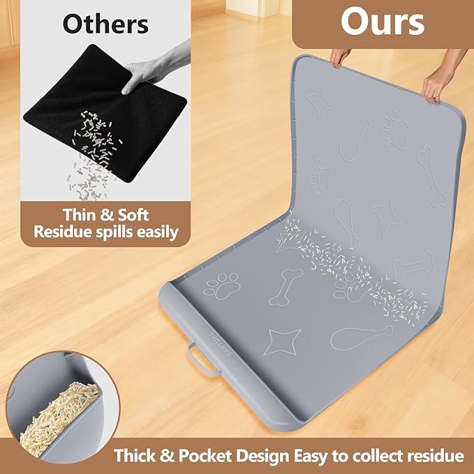 Silicone Cat Litter Mat with Collection Pocket, 42" x 28" Large Cat Litter Box Mat Waterproof Anti-Slip Litter Trapping Mat with Edge and Handle Pet Placemat for Floors (Light Grey)