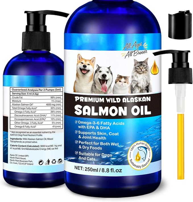 Wild Alaskan Salmon Oil for Dogs & Cats - Omega-3 Supplement for Skin, Coat & Joint Health, Sustainable All-Breed Formula, Human Grade, Perfect for Picky Eaters on Wet or Dry Food - 8.8 fl oz