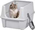 IRIS USA Large Cat Litter Box with Scatter Shield and Scoop, Open Top High Sided Cat Litter Pan, Silver