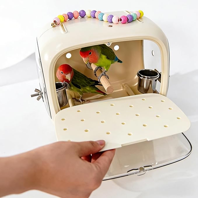 Small Bird Travel Cage Carrier, Portable Parrot Parakeet Cockatiels Carrier with Standing Perch and Easy Clean Tray, Budgies Transparent Breathable Cage with Accessories (Beige)