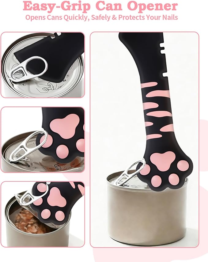 6 PCS Cat Food Can Covers Set, Reusable Silicone Can Lids with Opener, Stainless Steel Wet Food Spoon & Cat Treat Squeezer for Pet Feeding and Storage, Fits Cats & Dogs (Black Pink)
