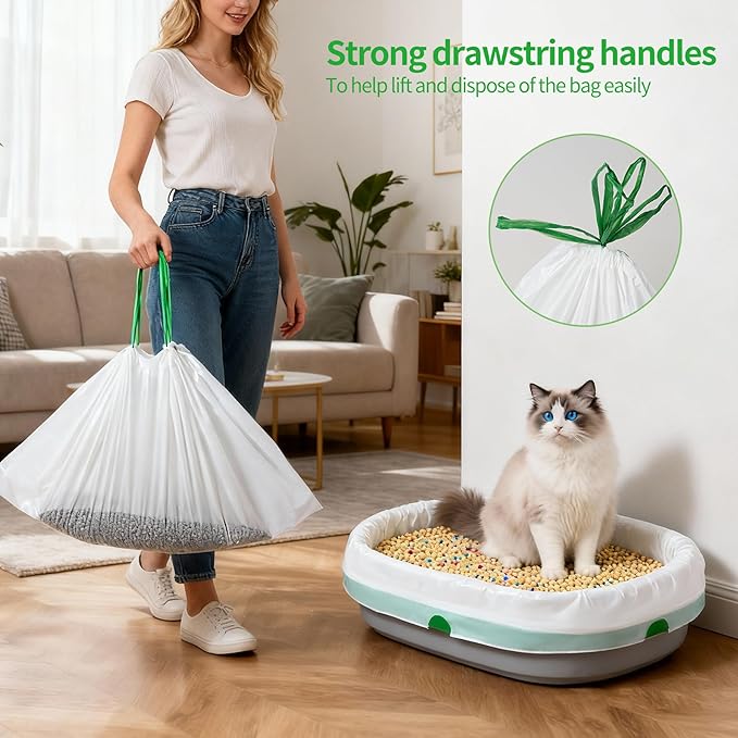 Litter Box Liners Large (37" x 18") - Thick Leak-Proof Drawstring Bags for Easy Clean Up, Jumbo Cat Litter Pan Liners Kit (24)