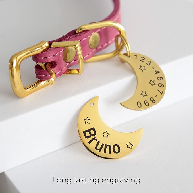 Custom Moon Pet Tag ID, Personalized Stainless Steel Cute Shiny Bling Stars Collar Tag Lost Boy & Girl Dogs Puppies Cats & Ring Engraved SOS Customizable with Owner Information Name, Phone, Address