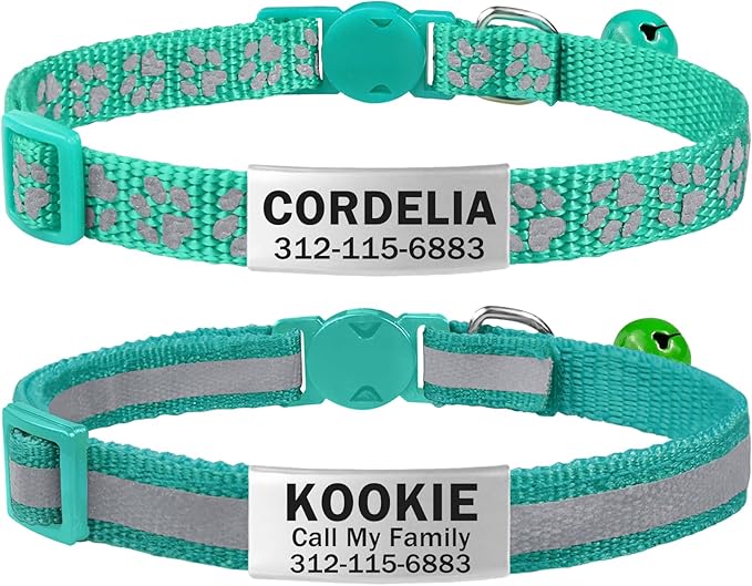 TagME 2 Pack Cat Collar with Name Tag, Personalized Reflective Cat Collar Breakaway with Bell for Boy & Girl Cats, Turquoise