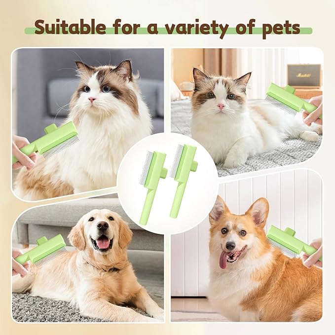 Pet Hair Removal Comb Flea Comb, 2025 Upgrade Cat Grooming Brush, Cat Brush with Release Button, De-Shedding Hair, Dog Grooming Supplies, Fine-Tooth Massage (Green)