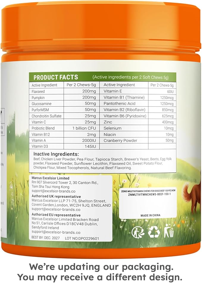 ZENO Dog Vitamins and Supplements - 150 Dog Multivitamin Chewable - Immune, Joint Support, Skin, Gut Health + Packed with Omega 3s, Glucosamine & Probiotics - Safe for Puppy - Beef