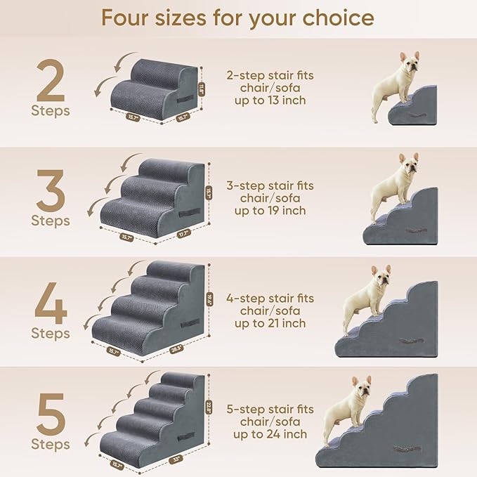 PAWSCART Dog Stairs for Dogs and Cats, 4-Step Dog Steps for Bed, 19.6" H Pet Stairs for High Bed, Pet Ramp for Couch, Sofa, Non-Slip Surface Removable Washable Cover, Grey