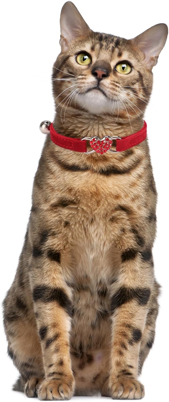 Puppy Collar with Bell, Bling Diamond Heart Soft Velvet Cat Collars with Bells for Xs Tiny Dogs Girls Pet Kitten Red