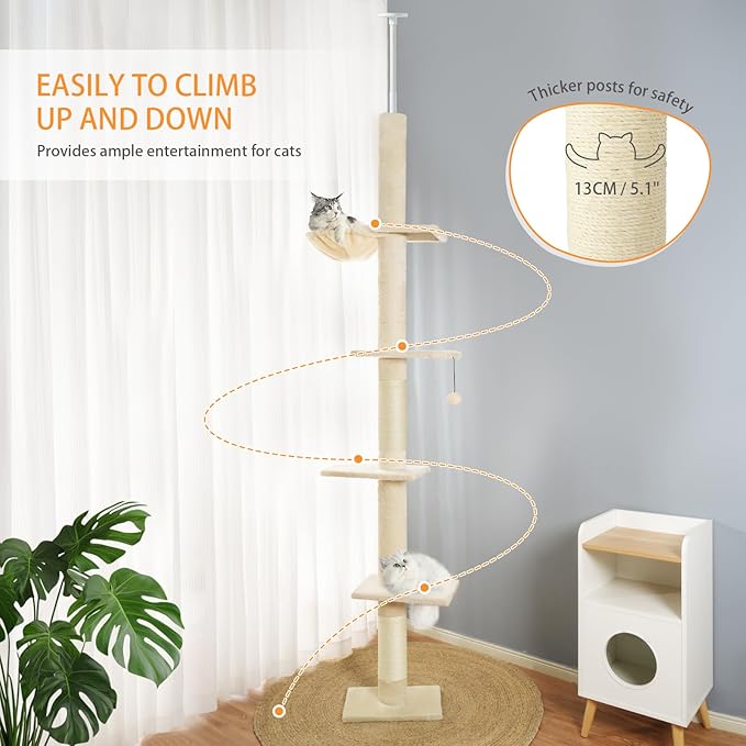 Cat Craft Floor to Ceiling Cat Tree,5 Tiers Tall Cat Tower with Adjustable Height(98-110),Skinny Ceiling Cat Tree with Cozy Hammock,Sisal Scratching Posts,Platforms,and Hanging Balls for Large Cats