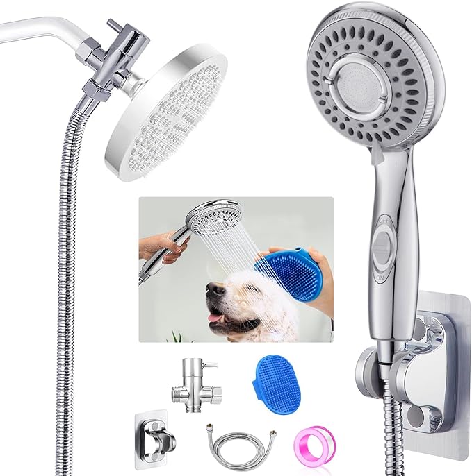 Dog Shower Attachment,Shower Head Sprayer Attachment with ON/OFF Shower Head, Brass 3-Way Diverter for Connecting Shower Arm, Stainless Steel Hose, Dog Brush and Adhesive Holder for Convenient Bathing