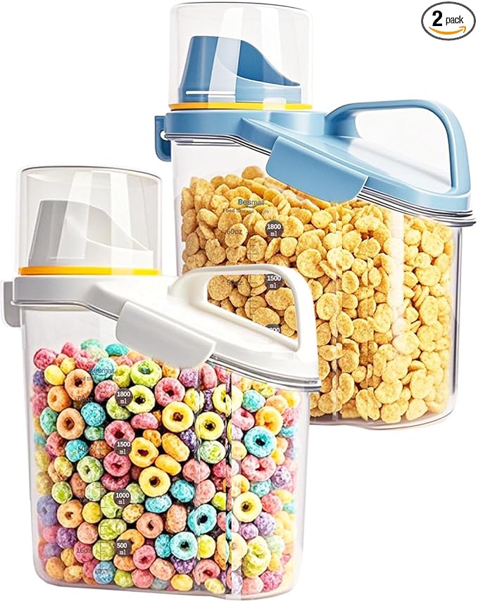 Cereal Containers Storage Small Food Storage Containers with Pour Spout, Measuring Cup for Rice Flour Sugar Dog Cat Dry Food Dispenser Plastic Kitchen Airtight Canister 1.8L BPA Free