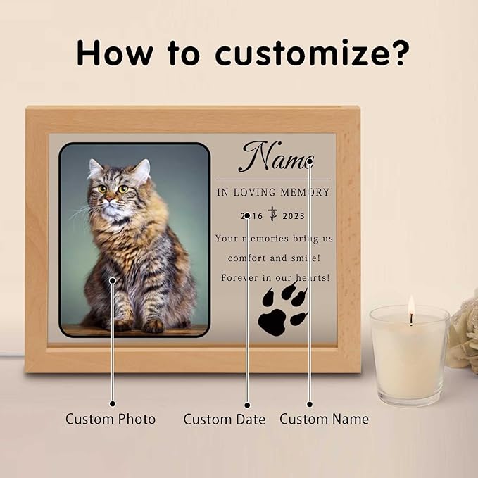 Personalized Cat Memorial Gift Night Light Customized Light Up Picture Frame Acrylic Led Plaque Lamp Pet Sympathy Remembrance Gift(Cat Paw)