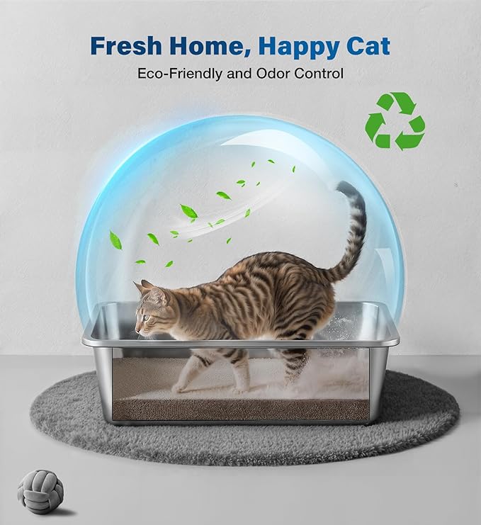 Stainless Steel Litter Box, Large Cat Litter Box with High Sides, Odor-Free, Non-Stick, Easy to Clean, 19.5"×13.6"×5.9", Ideal for Medium to Large Cats, Litter Tray
