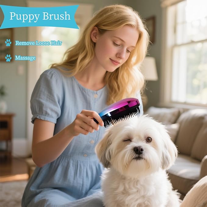 Comma-Shaped Small Dog Brush and Cleaning Comb, Fit for Yorkie, Shih Tzu, Maltese Maltipoo Pomeranian - Gentle Soft Bristles for Effortless Pet Hair Removal, Puppy Essentials (Gradient Color)