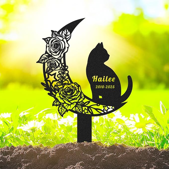 Custom Cat Memorial Grave Marker Burial Stake, Personalized Rose Flowers Moon Cat Memorial Stake Garden Yard Sign for Outdoors, Customized Metal Cats Memorial Plaque Pet Loss Sympathy Gift