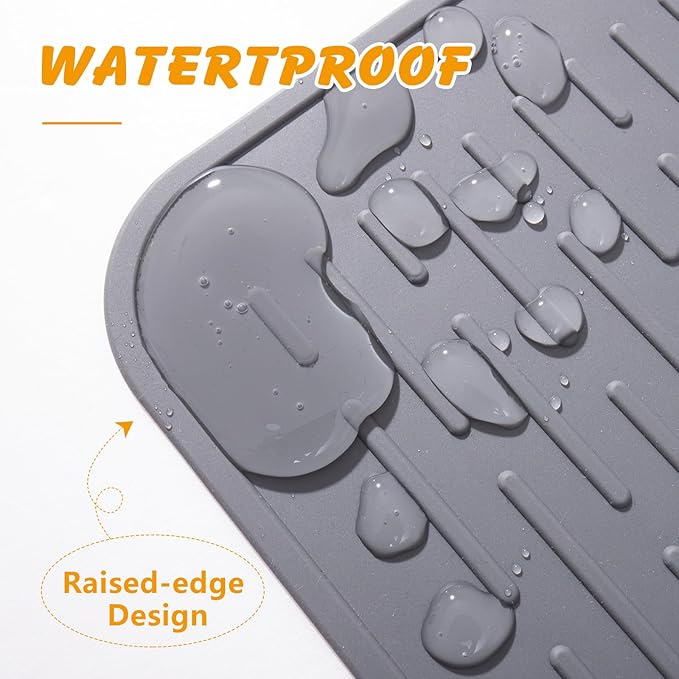 Silicone Cat Litter Mat, 34x22 in Waterproof Litter Box Mat Cats Feeding Mats with Raised Edges, Quick Clean Desig (Grey)