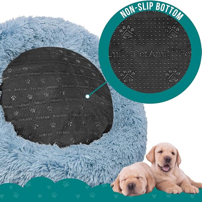 PetAmi Calming Dog Bed for Small & Medium Dogs and Cats, 23 Round Donut Dog Bed, Washable Fluffy Faux Fur Puppy & Cat Bed, Anti-Anxiety Plush Cuddler Pet Bed with Anti-Slip Bottom - Blue