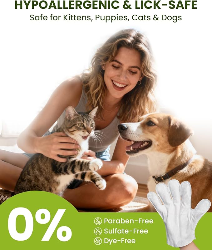 12PCS Hypoallergenic Pet Glove Wipes for Dogs & Cats - Quick Clean & Deodorizing Between Baths & Travel | Dog Washing Wipes for Fur, Butt, Paws, Eyes & Ears |Cat Cleaning Gloves for Grooming & Bathing