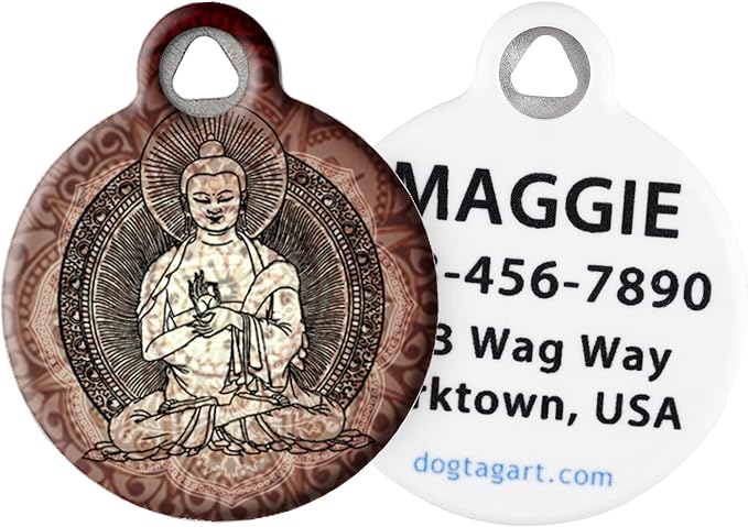 Dog Tag Art Buddha Religious Pet ID Tag for Dogs and Cats, Silent Polymer Coated Stainless Steel Nametag with with Customized Identification Information - Large 1.25" Diameter