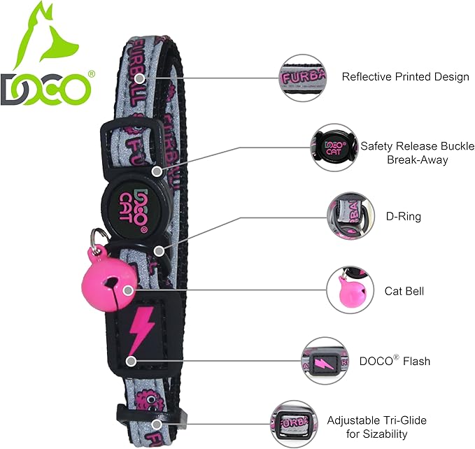 DOCO Cat Collar Breakaway Safety Buckle with Bell | Reflective Black Adjustable Nylon Collar for Kittens & Adult Cats | Comfortable & Safe for Girls & Boys | Neck 3/8" x 7.5-12", Up to 13lb