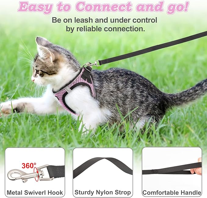 Cat Harness and Leash for Walking Escape Proof, Adjustable Kitten Vest Harness Reflective Soft Mesh Puppy Harness for Outdoor, Comfort Fit, Easy to Control (Lpink, M)