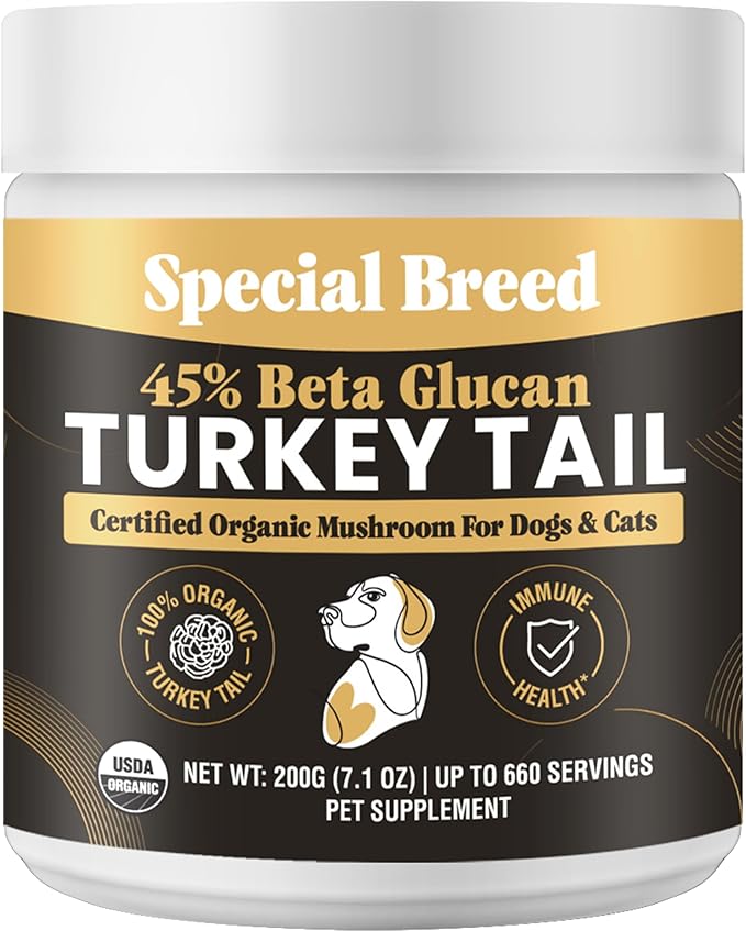 Organic Turkey Tail Mushroom for Dogs and Cats, 45% Beta Glucan Standardized, Hot Water Extracted Whole Fruiting Body, Third Party Tested, Immune and Gut Support, No Fillers, Made in USA, 660 ct