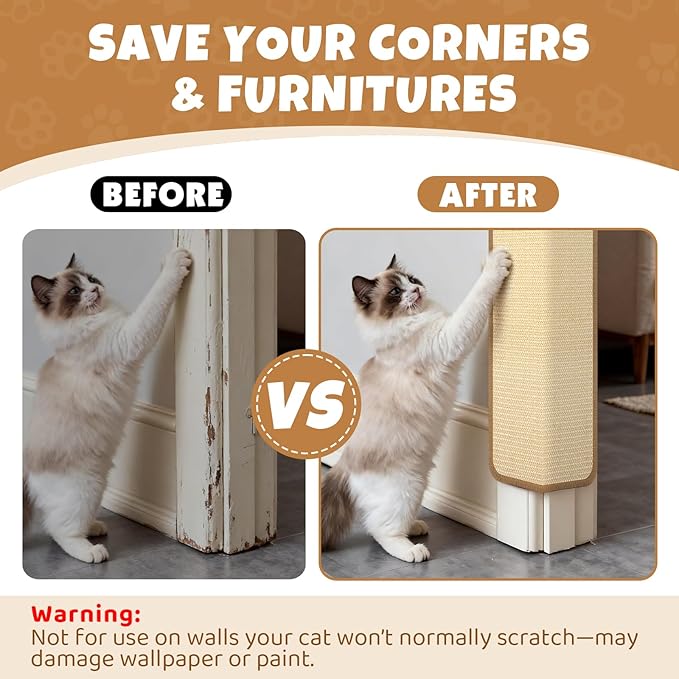2 Pack Wall Coner Cat Scratcher with Tape, Natural Sisal Cat Corner Scratcher for Indoor Cats, Scratch Furniture Protector 20''x9.8'' + 15.7''x7.9''