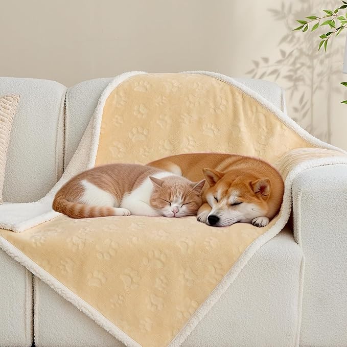 Qeils Pet Blankets for Cats - Waterproof Cat Blanket Washable - Sherpa Fleece Puppy Blanket, Soft Plush Reversible Throw Protector for Bed Couch Car Sofa, 25"X30", Khaki