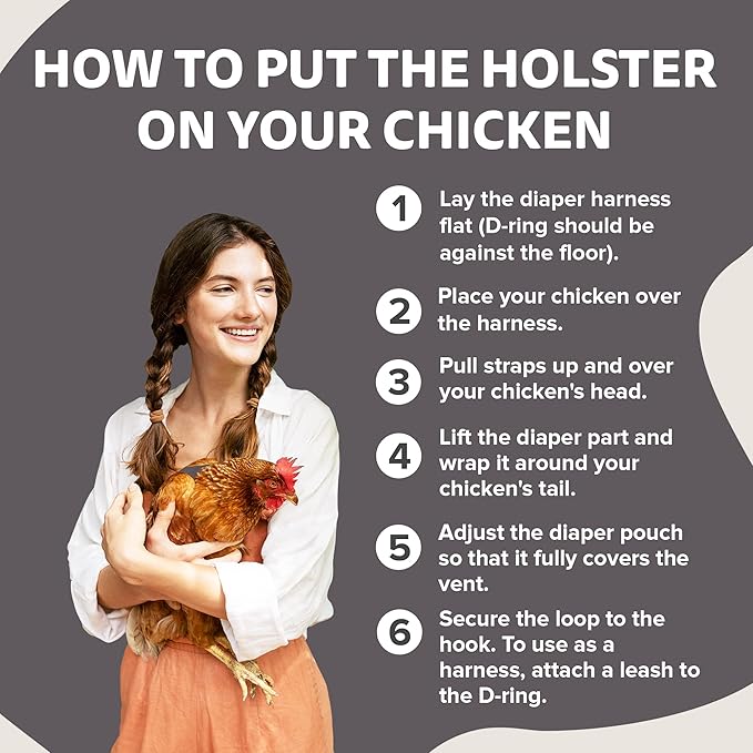 Hen Holster Premium Starter Kit - Bird Diaper, Wrap Around for Hens, Roosters, Ducks - Leak-Proof, Comfortable Bird Harness with Sewn-in Liner, Secure Hook & Loop Closure - Large, Gray