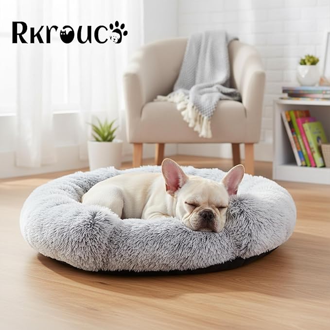 Fluffy Dog Bed Calming Donut Beds for Large Dogs Warming Round Small Medium Pet Nest Cozy Cat Mattress Indoor Washable Puppy Kennel Kittens Sleep Mat (M, 27.5×27.5 inch, Light Gray)