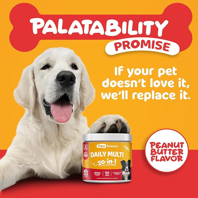 Paw Science Dog Vitamins and Supplements - 20-in-1 Multivitamin Treats for Dogs - Glucosamine, Probiotics, Wild Alaskan Salmon Oil, Chondroitin, MSM & More - Peanut Butter Flavor - 90 Count