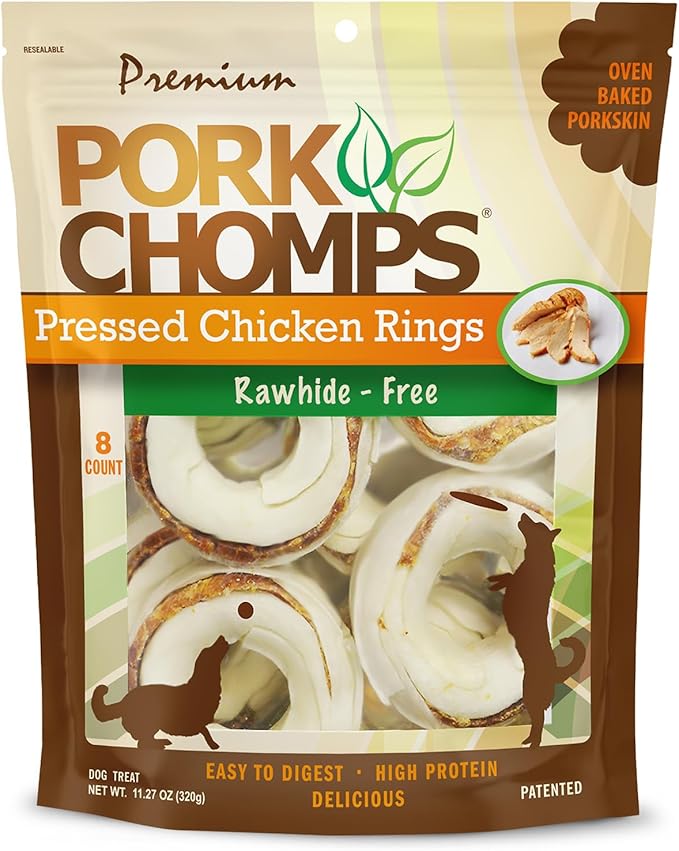 Pork Chomps Pressed Pork Skin Dog Chews, 2.5 Inch Rings, Real Chicken, 8 Count, Pack of 1 - Long-Lasting Treats for Dogs - High Protein, Rawhide-Free, Low Fat, Healthy & Delicious Chews