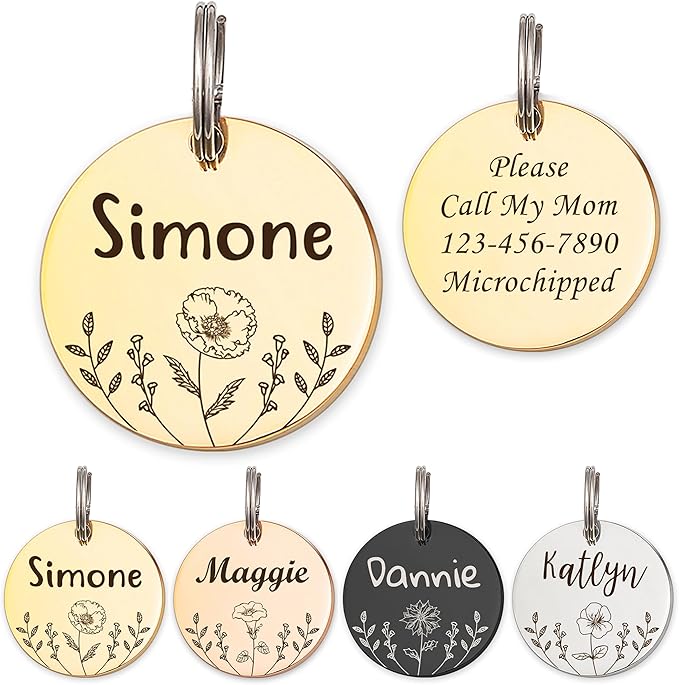 Anavia Floral Pet ID Tags, Birth Month Flowers Theme Dog Tag Round Bone Shape Cat Name Tag, Glossy Stainless Steel Gold Plated Dog Collar Tag (Round - Flower Field - Gold, Medium)
