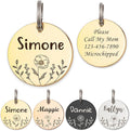 Anavia Floral Pet ID Tags, Birth Month Flowers Theme Dog Tag Round Bone Shape Cat Name Tag, Glossy Stainless Steel Gold Plated Dog Collar Tag (Round - Flower Field - Gold, Large)