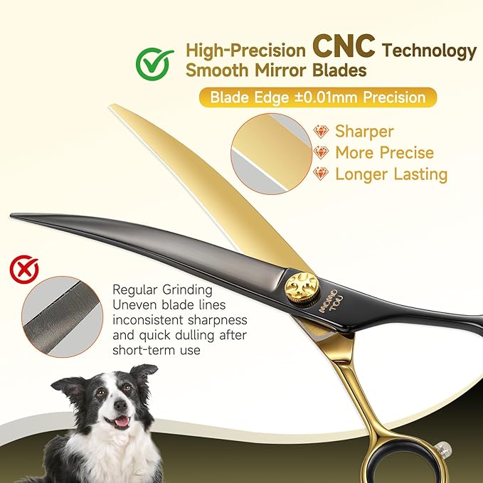 7.5'' Curved Dog Grooming Scissors CNC 440C Blades Sharp and Durable Black and Gold Dog Shears Smooth Cutting Easy to Use for Professional Groomer