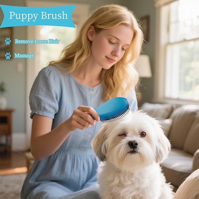 Comma-Shaped Small Dog Brush, Fit for Yorkie, Shih Tzu, Maltese Maltipoo Pomeranian - Gentle Soft Bristles for Effortless Pet Hair Removal, Puppy Essentials (Blue)