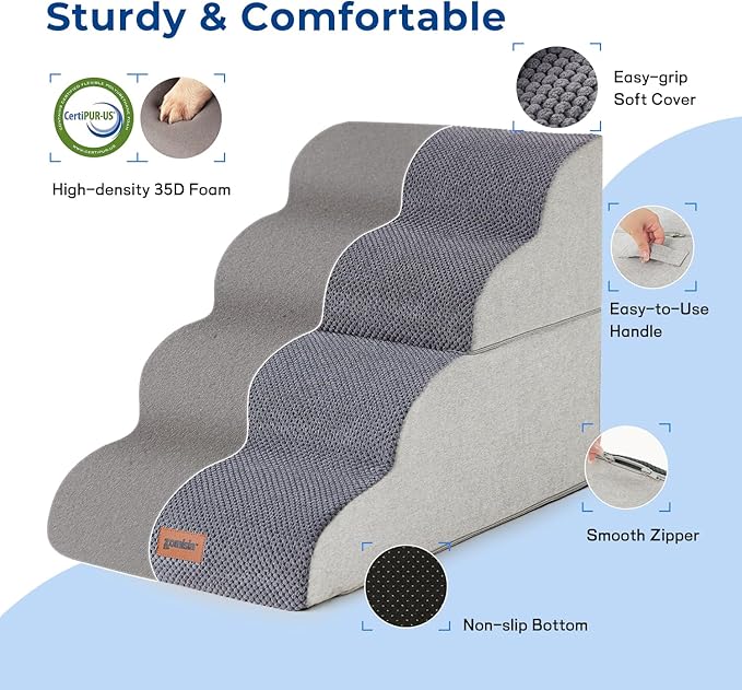 Dog Stairs Ramp for Bed 19.7" H - Pet Stairs Steps for Small to Medium Dogs to Get on Bed and Couch, 35D Foam with Non-Slip Bottom Beige, 4 Steps