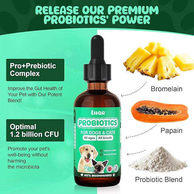 Liquid Probiotics for Dogs & Cats with Prebiotics & Digestive Enzymes - 3-in-1 Formula for Gut Digestive Health & Nutrient Absorption, Supplement Drops - 1.2 Billion CFU - 2 FL Oz