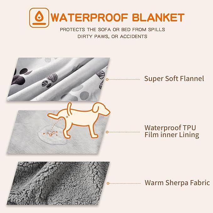 Waterproof Dog Blankets, 30"x40" Cat Blanket for Indoor Cats, Soft Fluffy Sofa Car Bed Protector, Reversible Sherpa Fleece Puppy Blanket for Small Medium Dogs (Light Grey-Paws)