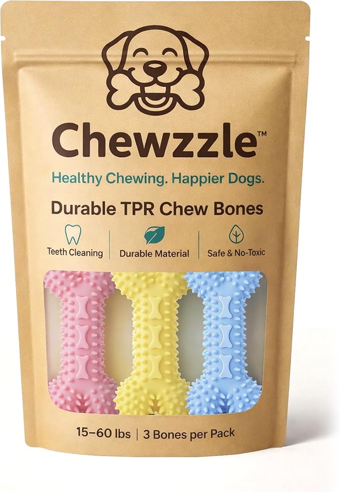 Chewzzle™ Dog Chew Toys for Small Dogs & Puppies | Soft TPR Textured Bones for Light to Moderate Chewers | 3-Pack Vibrant Colours, Safe & Engaging Design