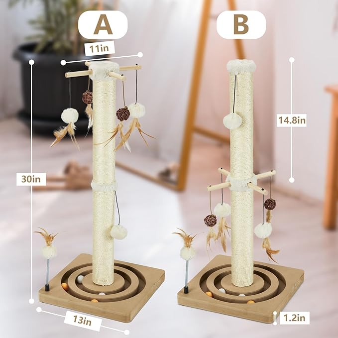 PEEKAB Cat Scratching Post Sisal Scratch Posts for Indoor Cats and Kittens,with Tracking Ball Interactive Toys and Hanging Balls 30 Inches Beige