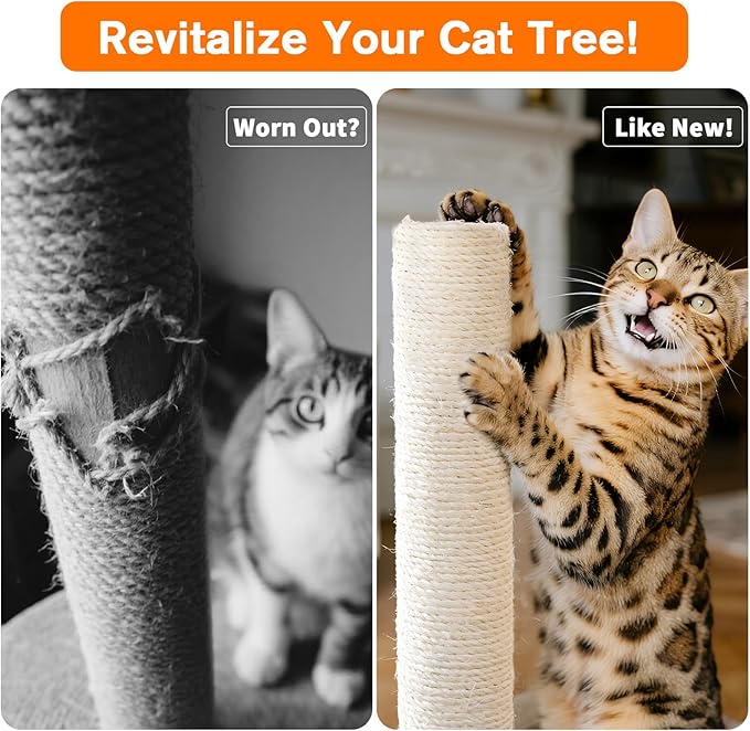 4 Pack Cat Scratching Post Replacement, 15.7 x 3.1 Inch Sisal Poles with M8 Screws, Refill Parts for Indoor Cat Towers and Furniture Repair-White